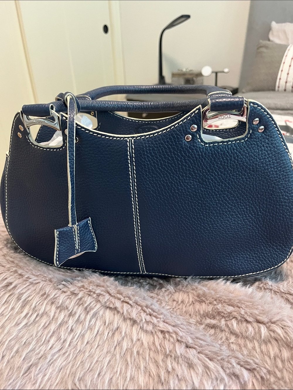 Tod's Navy Leather Top-Handle Satchel with White Stitching ~ Rare